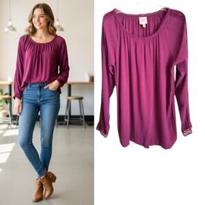 Knox Rose Crepe Lace Inset Tunic Top Women's Sz XL Purple Long sleeve Lagenlook